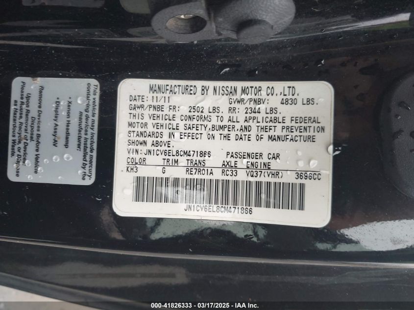 2012 Infiniti G37X VIN: JN1CV6EL8CM471866 Lot: 41826333