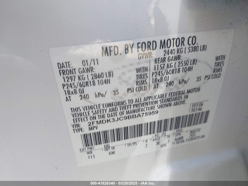 2011 Ford Edge Sel VIN: 2FMDK3JC9BBA75959 Lot: 41826340