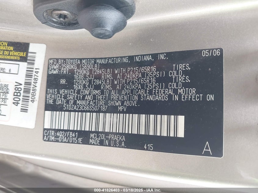 2006 Toyota Sienna Ce VIN: 5TDZA23C66S507187 Lot: 41826403