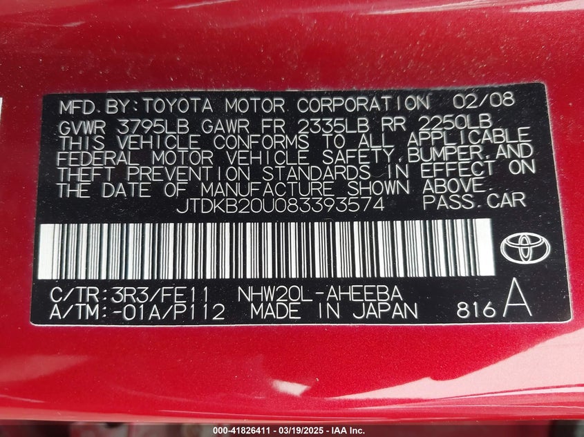 2008 TOYOTA PRIUS VIN: JTDKB20U083393574