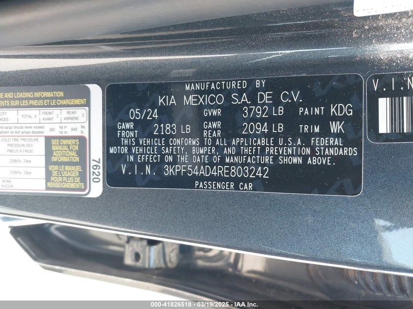 2024 KIA FORTE VIN: 3KPF54AD4RE803242