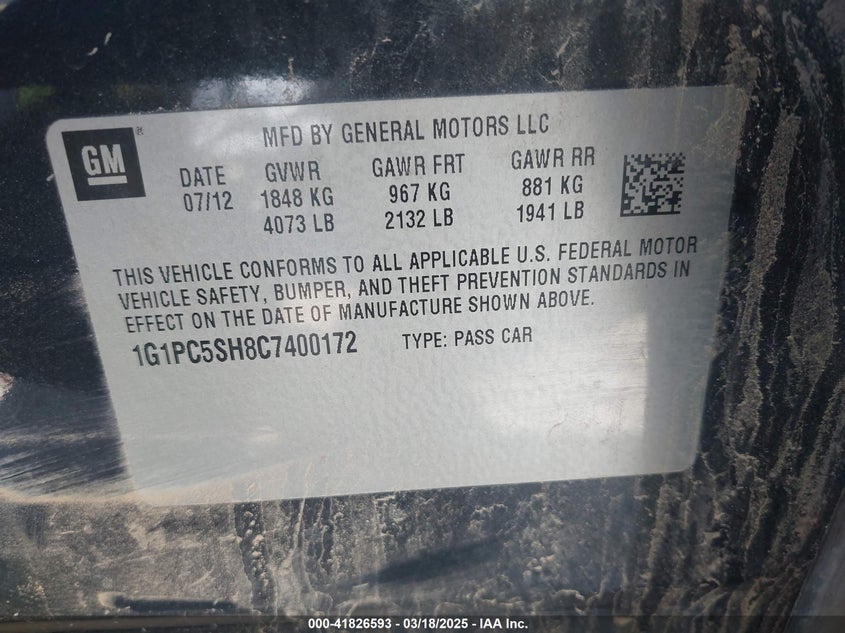 2012 CHEVROLET CRUZE VIN: 1G1PC5SH8C7400172