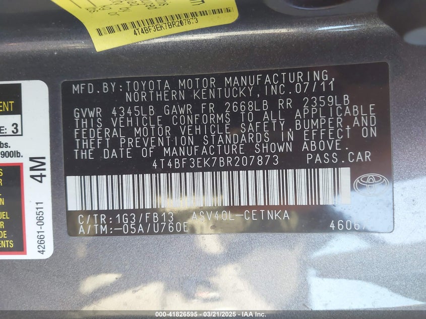 2011 TOYOTA CAMRY VIN: 4T4BF3EK7BR207873