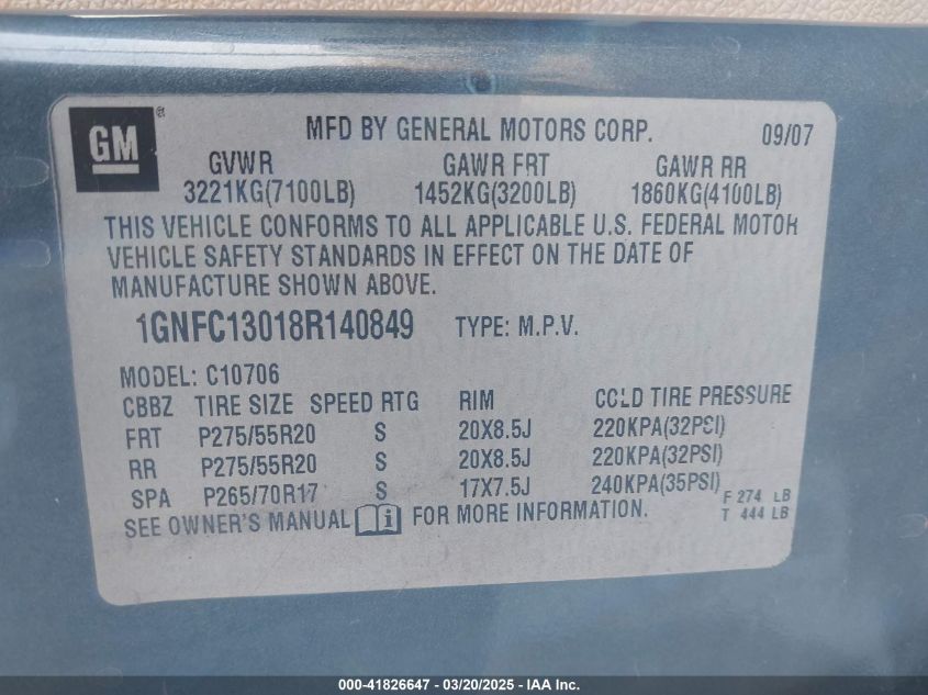 2008 Chevrolet Tahoe Ltz VIN: 1GNFC13018R140849 Lot: 41826647