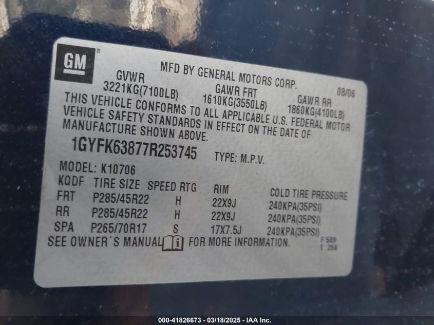 2007 Cadillac Escalade Standard VIN: 1GYFK63877R253745 Lot: 41826673