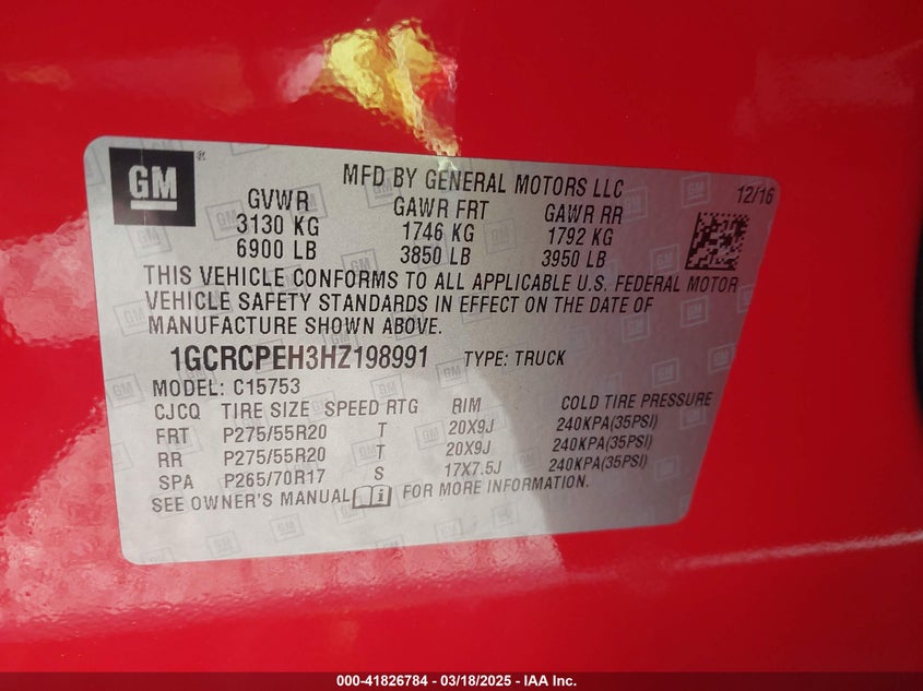 2017 CHEVROLET SILVERADO VIN: 1GCRCPEH3HZ198991
