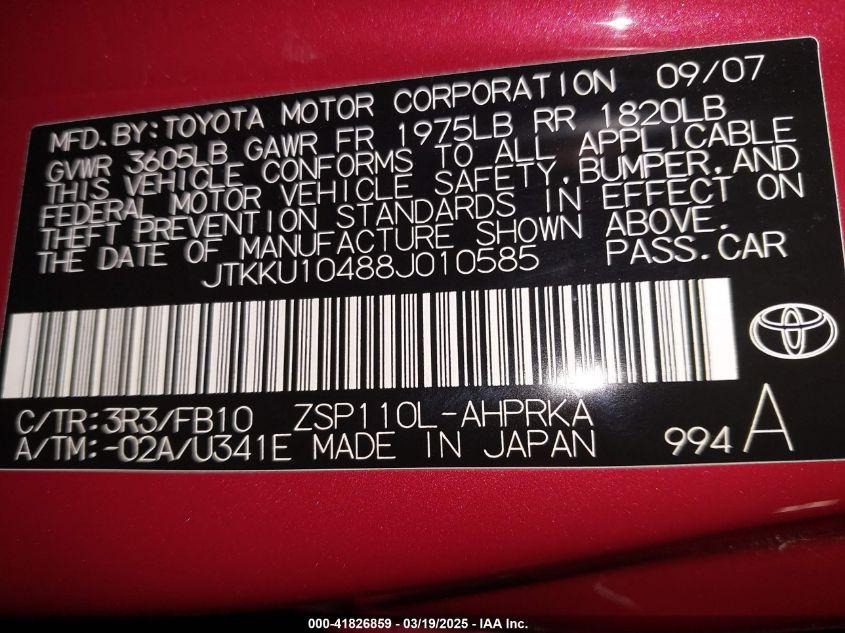 2008 Scion Xd VIN: JTKKU10488J010585 Lot: 41826859