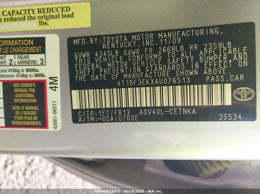 2010 TOYOTA CAMRY VIN: 4T1BF3EKXAU076513