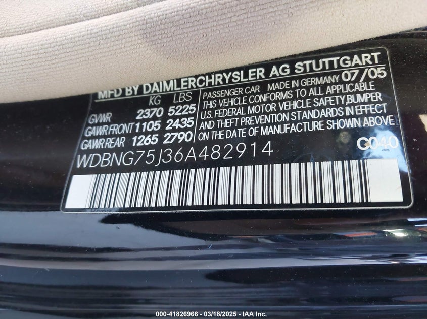 2006 MERCEDES-BENZ S 500 VIN: WDBNG75J36A482914