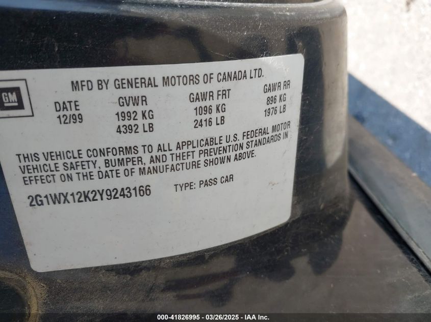 2000 Chevrolet Monte Carlo Ss VIN: 2G1WX12K2Y9243166 Lot: 41826995