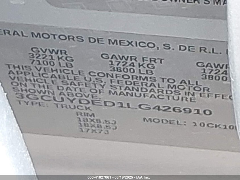 2020 CHEVROLET SILVERADO VIN: 3GCUYDED1LG426910