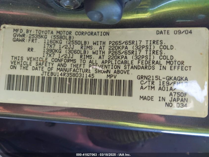 2005 Toyota 4Runner Sr5 Sport V6 VIN: JTEBU14R358031145 Lot: 41827063