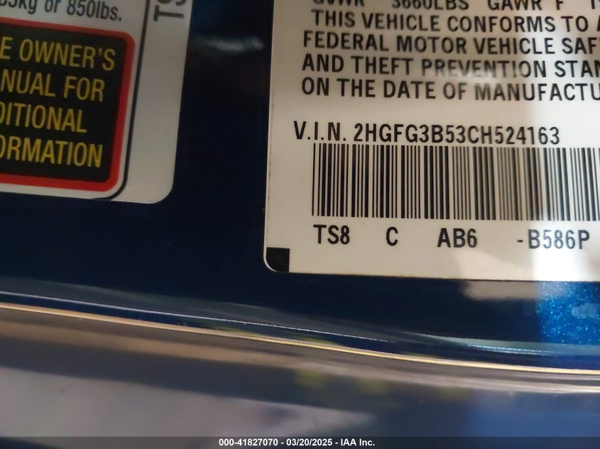 2012 HONDA CIVIC VIN: 2HGFG3B53CH524163