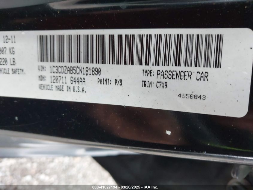 2012 Dodge Avenger Se VIN: 1C3CDZAB5CN181890 Lot: 41827194