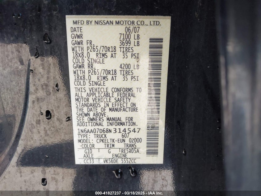 2008 NISSAN TITAN VIN: 1N6AA07D68N314547