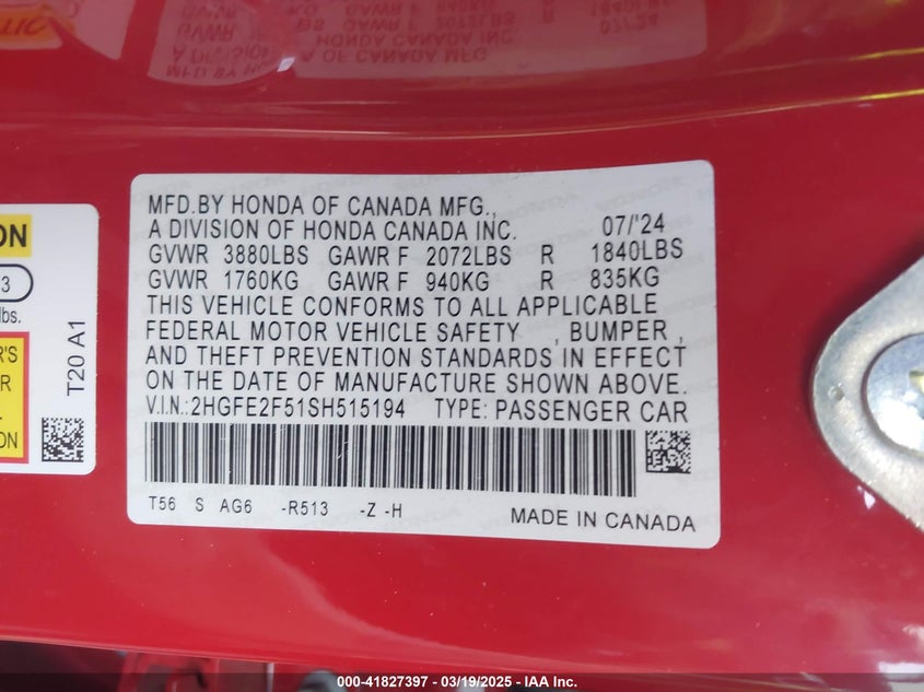 2025 HONDA CIVIC VIN: 2HGFE2F51SH515194