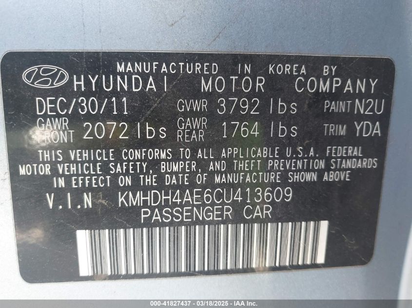 2012 Hyundai Elantra Gls (Ulsan Plant) VIN: KMHDH4AE6CU413609 Lot: 41827437