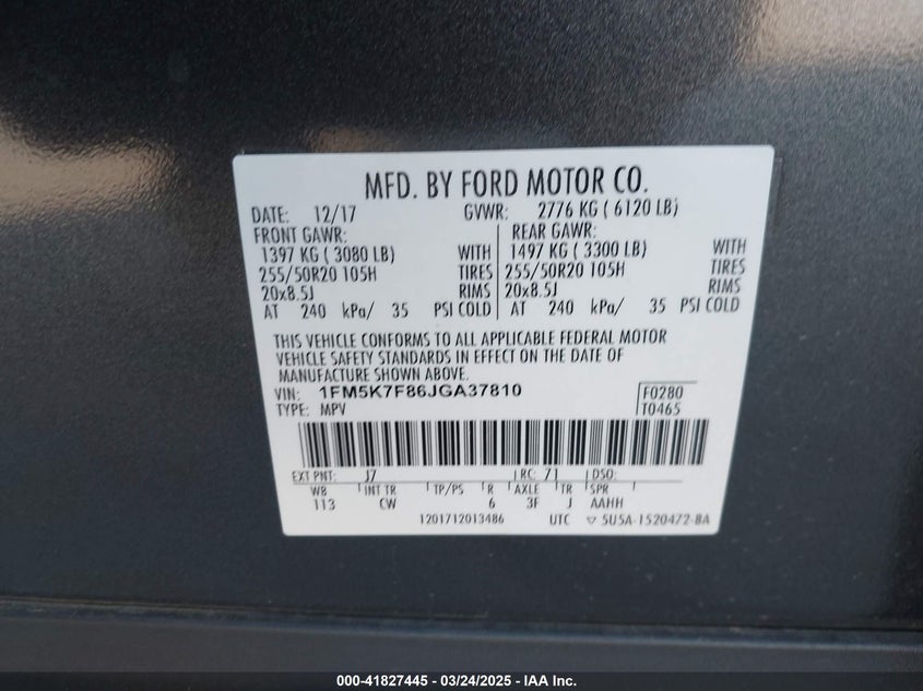 VIN 1FM5K7F86JGA37810 2018 FORD EXPLORER LIMITED