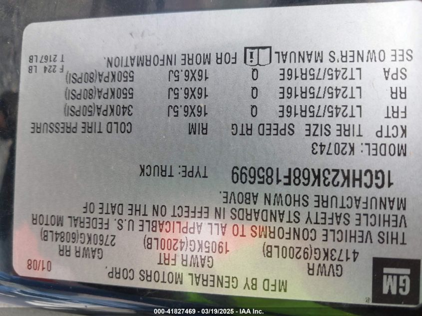 2008 Chevrolet Silverado 2500Hd Lt1 VIN: 1GCHK23K68F185699 Lot: 41827469