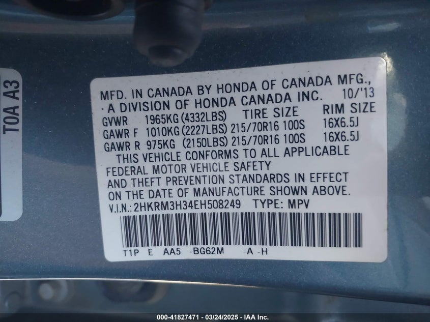 2014 HONDA CR-V VIN: 2HKRM3H34EH508249