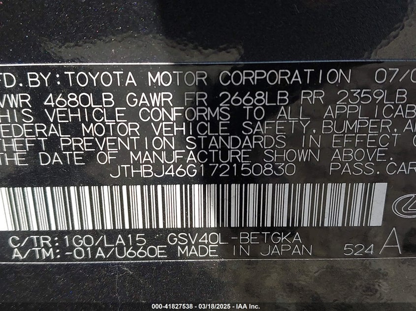 2007 LEXUS ES 350 VIN: JTHBJ46G172150830