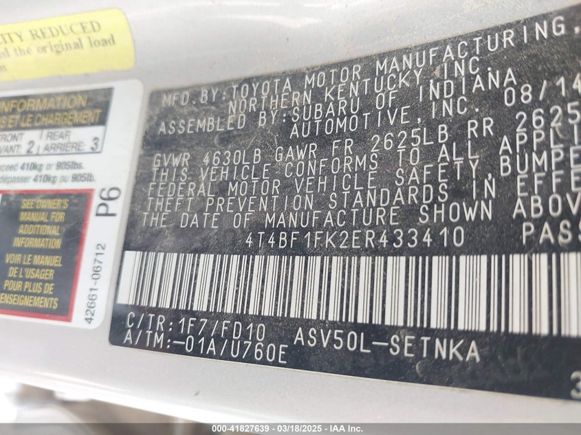 2014 TOYOTA CAMRY VIN: 4T4BF1FK2ER433410