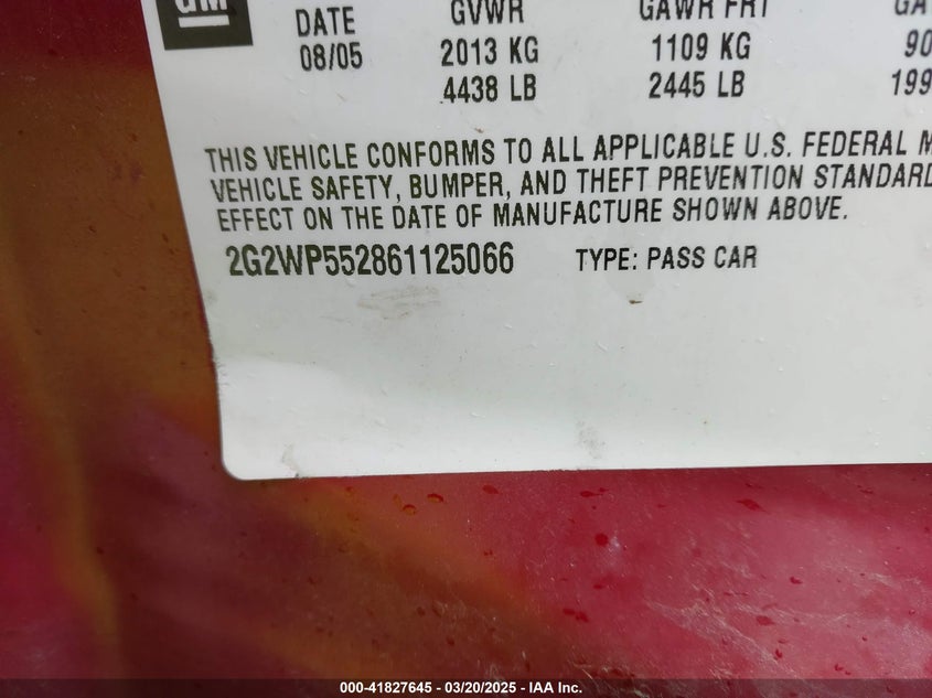 2006 PONTIAC GRAND PRIX VIN: 2G2WP552861125066
