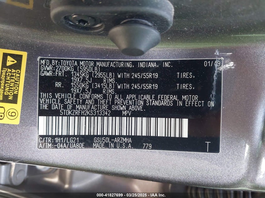 VIN 5TDKZRFH2KS313342 2019 TOYOTA HIGHLANDER SE