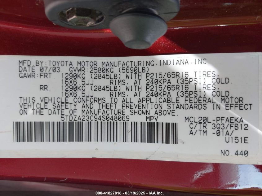 2004 Toyo Sienna Le Fwd W/7-Pa VIN: 5TDZA23C045048069 Lot: 41827818