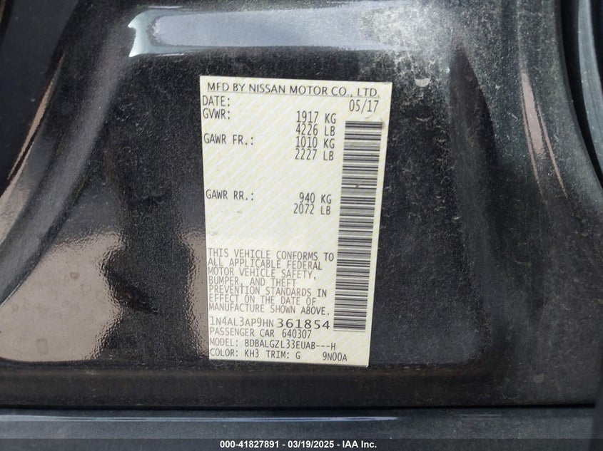 2017 NISSAN ALTIMA VIN: 1N4AL3AP9HN361854