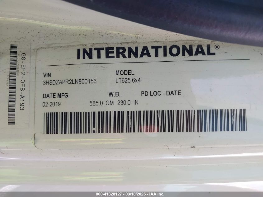 2020 International Lt VIN: 3HSDZAPR2LN800156 Lot: 41828127