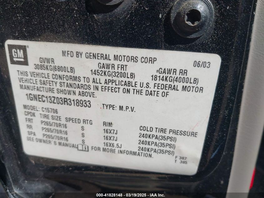 2003 Chevrolet Tahoe Ls VIN: 1GNEC13Z03R318933 Lot: 41828148