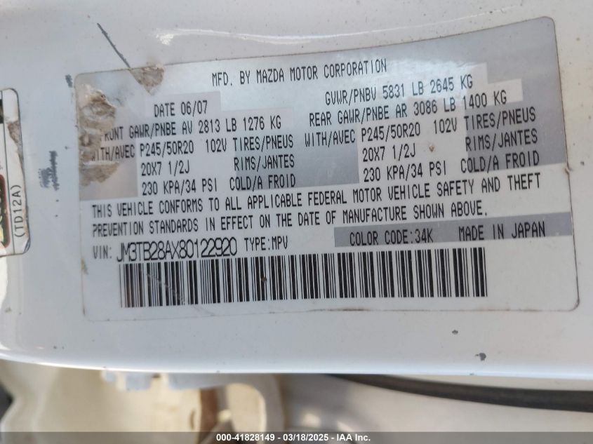 2008 Mazda Cx-9 Grand Touring VIN: JM3TB28AX80122920 Lot: 41828149