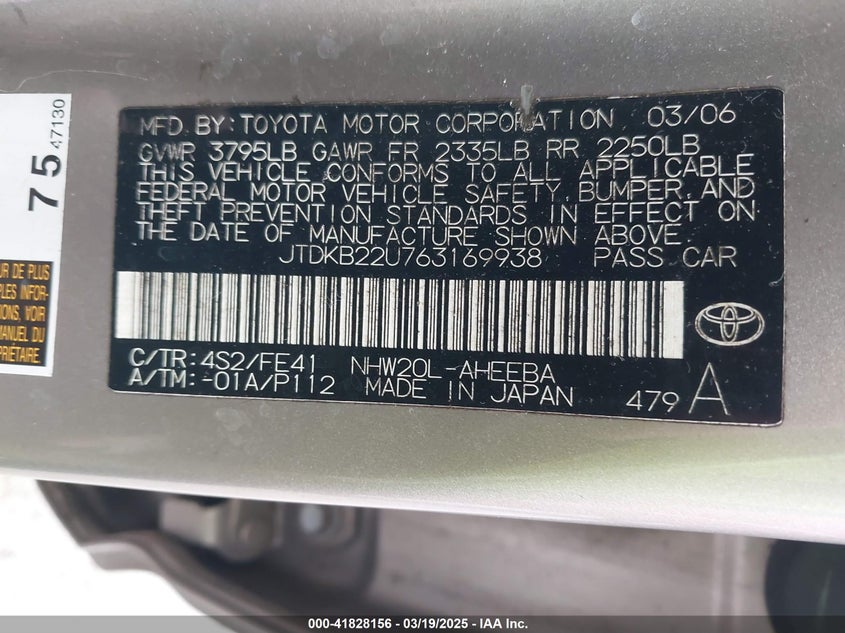 2006 TOYOTA PRIUS VIN: JTDKB22U763169938