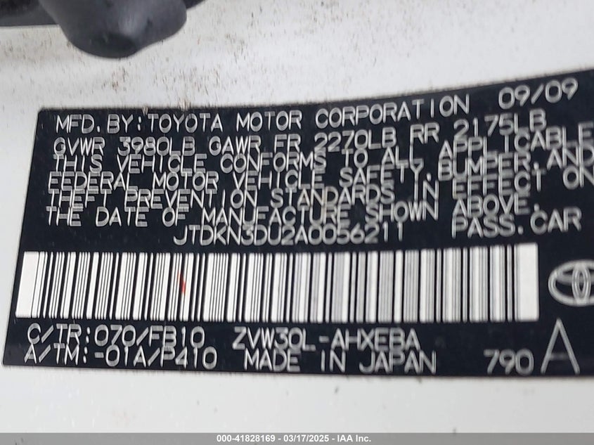 2010 TOYOTA PRIUS VIN: JTDKN3DU2A0056211