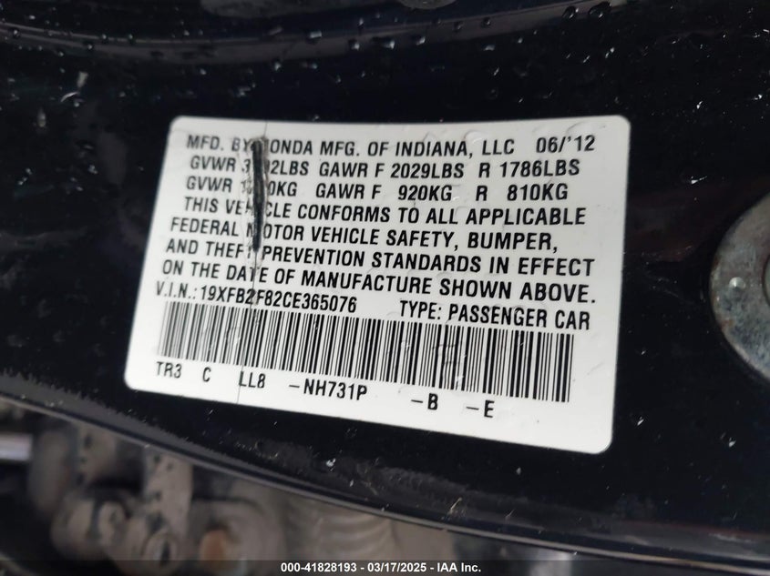 2012 HONDA CIVIC VIN: 19XFB2F82CE365076