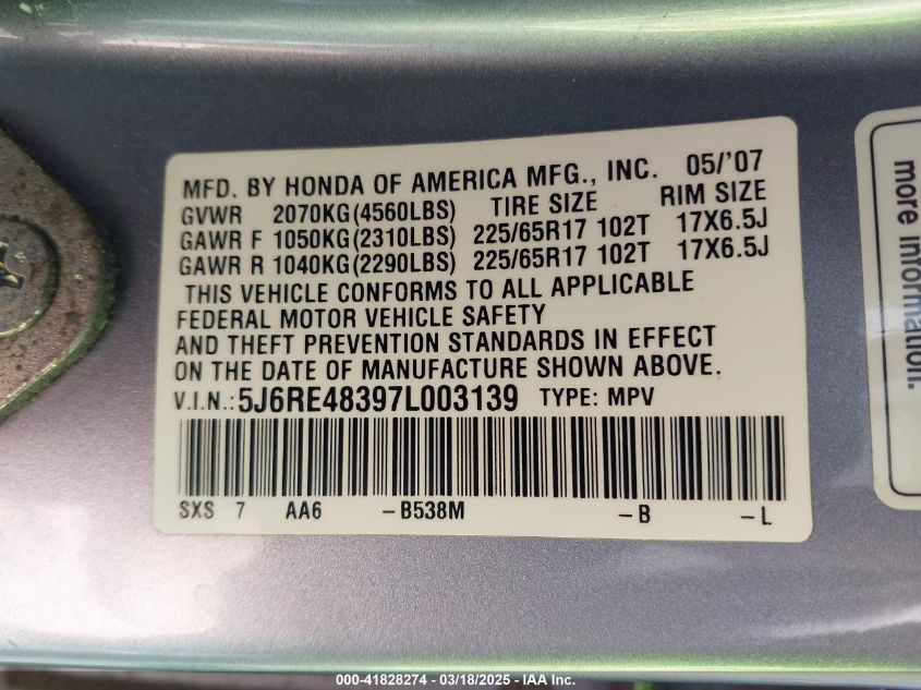 2007 Honda Cr-V Lx VIN: 5J6RE48397L003139 Lot: 41828274