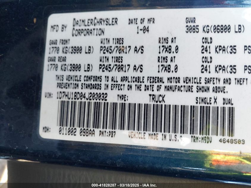 2004 Dodge Ram 1500 Slt/Laramie VIN: 1D7HU18D04J200032 Lot: 41828287