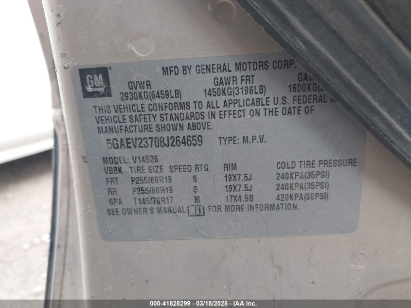 2008 Buick Enclave Cxl VIN: 5GAEV237081264659 Lot: 41828299