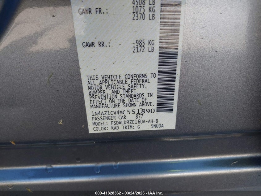 2021 NISSAN LEAF VIN: 1N4AZ1CV4MC551890