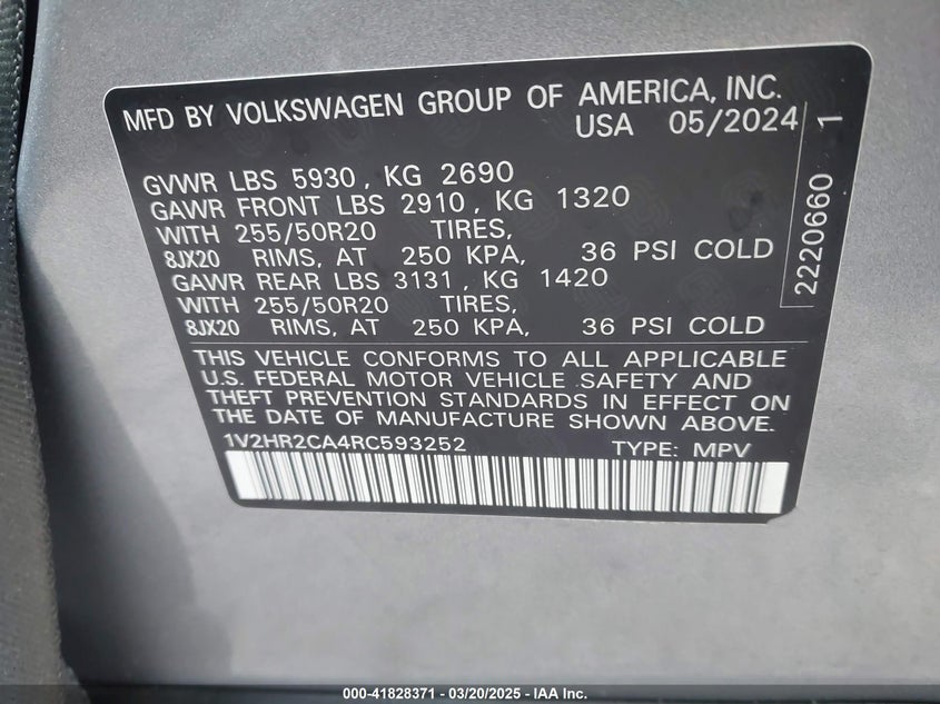 VIN 1V2HR2CA4RC593252 2024 VOLKSWAGEN ATLAS 2.0T SE W/TECHNOLOGY