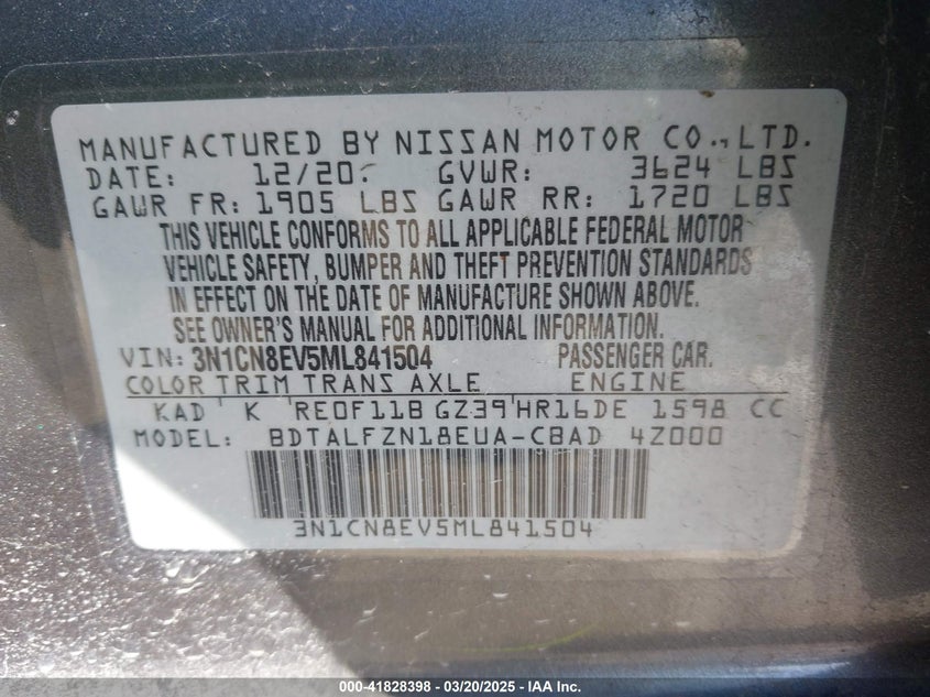 2021 NISSAN VERSA VIN: 3N1CN8EV5ML841504