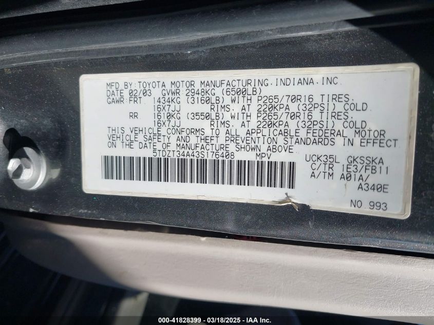 2003 Toyota Sequoia VIN: 5PDZT34A43S176408 Lot: 41828399