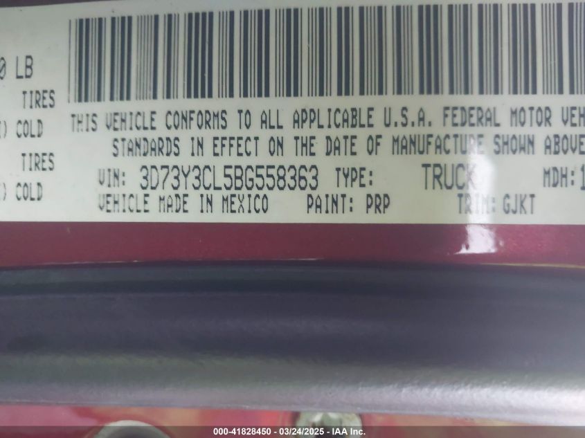 2011 Ram Ram 3500 Laramie VIN: 3D73Y3CL5BG558363 Lot: 41828450