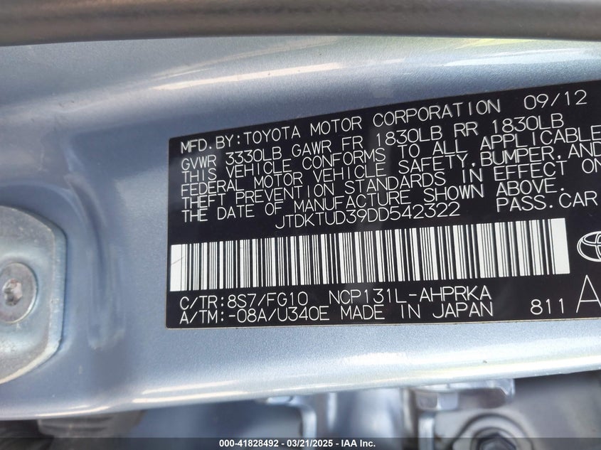 2013 TOYOTA YARIS VIN: JTDKTUD39DD542322