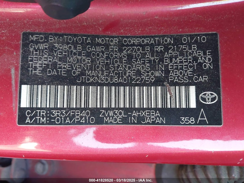 2010 TOYOTA PRIUS VIN: JTDKN3DU8A0122759