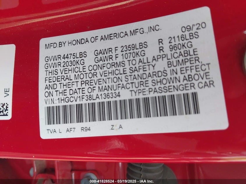2020 HONDA ACCORD VIN: 1HGCV1F38LA136334