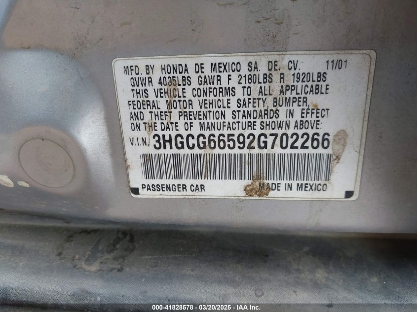 2002 Honda Accord 2.3 Lx VIN: 3HGCG66592G702266 Lot: 41828578
