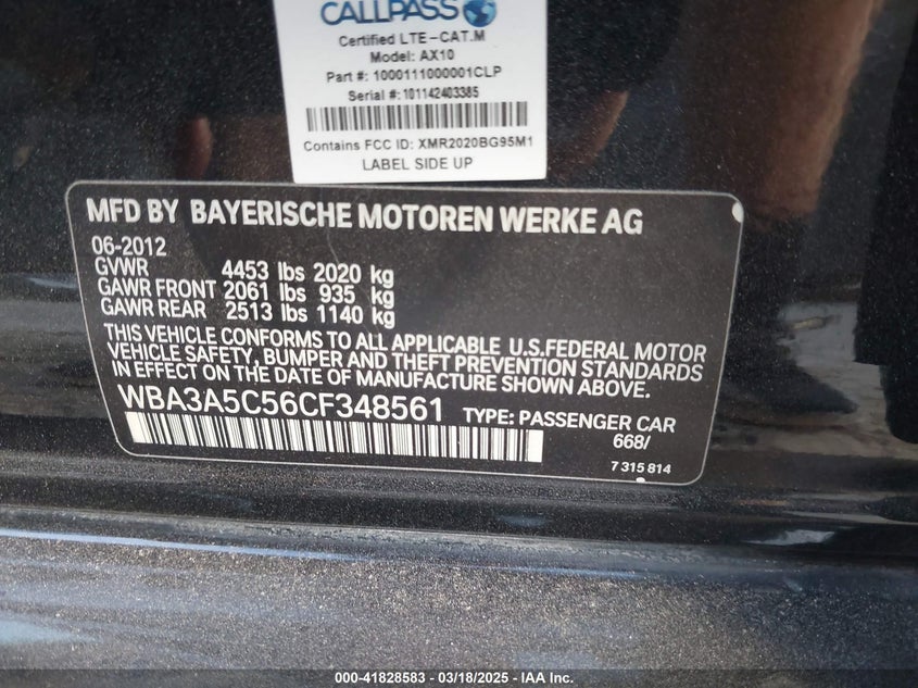 2012 BMW 328I VIN: WBA3A5C56CF348561