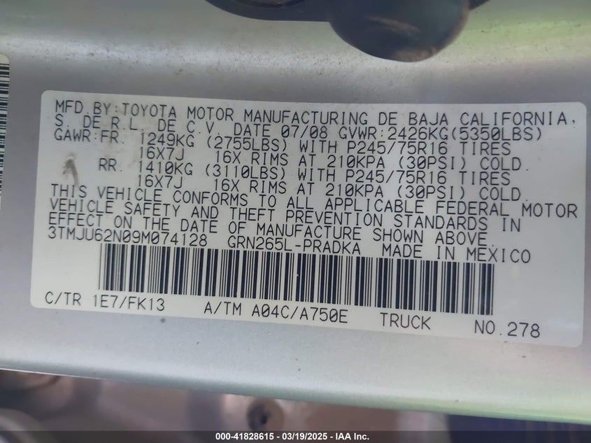 2009 TOYOTA TACOMA VIN: 3TMJU62N09M074128